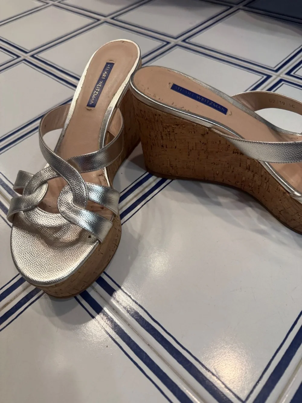 Stuart Weitzman Metallic Silver Braided Cork Wedge Sandals - Picture 2 of 5